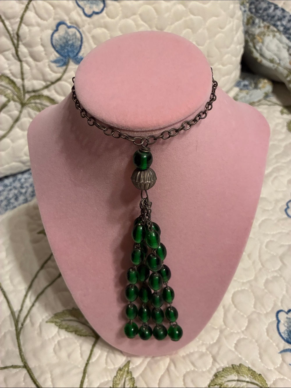 Vintage Beaded Tassel Decoration - Green Beads and Antique Brass
